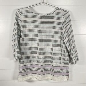J Jill Love Linen Tunic Womens Medium Blue White Striped Button Back Top Shirt‎